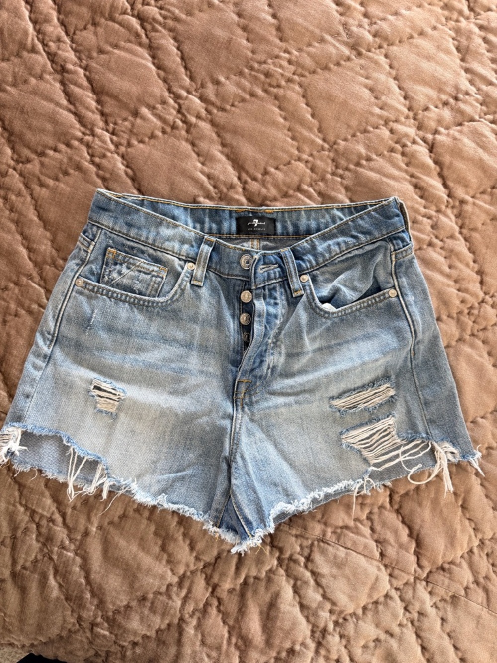 7 For All Mankind Light Blue Distressed Button-Fly Monroe cutoff Jean Shorts